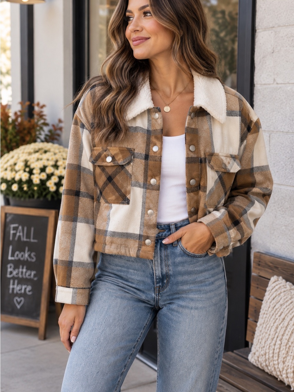 HYFVE M Brown Cream Plaid Sherpa Lined Cropped Shacket Jacket